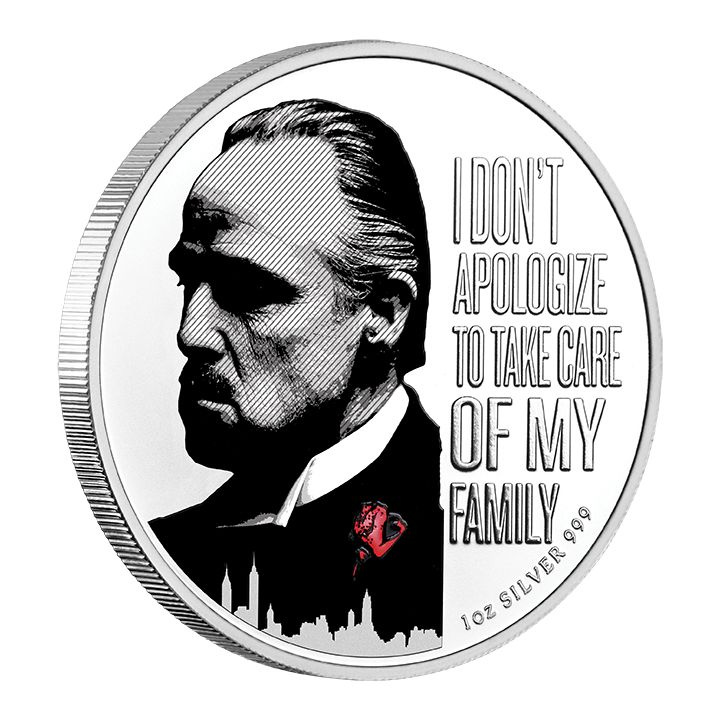 Niue: The Godfather "Red Rose" 50th Anniversary coloured 1 oz Silber 2022 Enameled Coin "I DON'T APOLOGIZE TO TAKE CARE OF MY FAMILY"