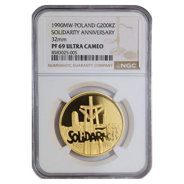Aranyérme Solidarność 1980-1990 1 uncia Arany 1990 Ritka „Vastag“ Változat 32 mm Proof NGC PF69