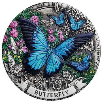 Moneta d'argento The Perth Mint: Butterfly colorata 2 once d'argento 2026 Antiqued