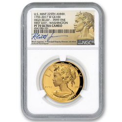 American Liberty - U.S. Mint 225° anniversario 1 oncia d'oro 2017 Proof High Relief NGC PF70 Ultra Cameo First Day Of Issue Jeppson