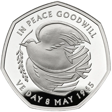 L'80° anniversario del VE Day 50p Argento 2025 Proof Piedfort