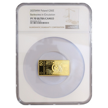 Moneta d'oro Banconote polacche in circolazione – banconota da 50 zloty Oro 2025 Proof NGC PF 70 Ultra Cameo