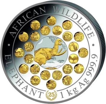 African Wildlife: Słoń Somalijski 25. rocznica pozłacany 1000 gramów Srebra 2023 Proof