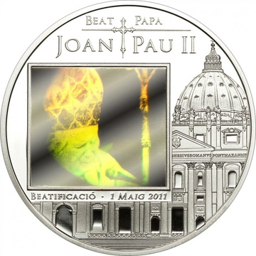 Srebrna Moneta Andora Błogosławiony Papież Jan Paweł II kolorowany 5 dinerów Srebro 2011 Proof