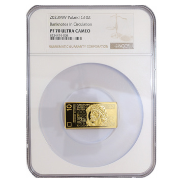 Złota Moneta Polskie banknoty obiegowe – banknot o nominale 10 zł Złoto 2023 Proof NGC PF 70 Ultra Cameo