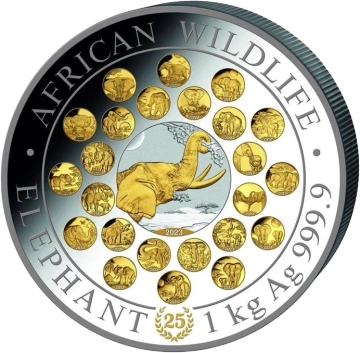 African Wildlife: Słoń Somalijski 25. rocznica pozłacany 1000 gramów Srebra 2023 Proof