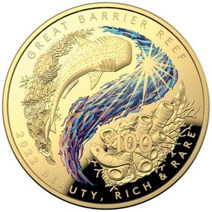 Great Barrier Reef kolorowany 1 uncja Złota 2022 Proof Dome-Shaped Coin