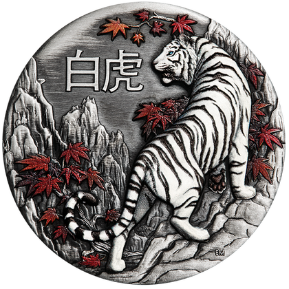 Tuvalu: Biały Tygrys kolorowany 2 uncje Srebra 2022 Antiqued Coin
