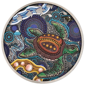 Monedă din argint The Perth Mint: Turtle Yaunati colorată 2 uncii de argint 2026 Antiqued
