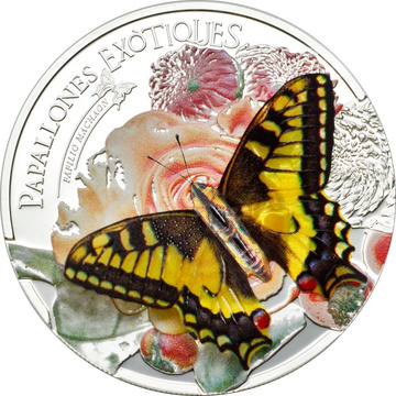 Monedă din argint Exotic Butterflies - Swallowtail colorată 5 dinari argint 2013 3D Proof