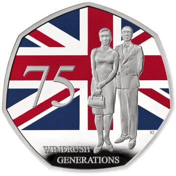 75 de ani ai generației Windrush colorată 50p Argint 2023 Proof Piedfort