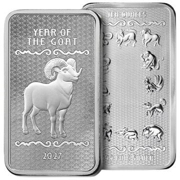 Lingou din argint Lunar Year of the Goat 10 uncii de argint 2027 Prooflike