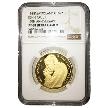 Monedă de Aur Ioan Paul al II-lea - X Ani de Pontificat 1 Uncie de Aur 1988 NGC PF 68 Ultra Cameo