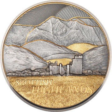 Monedă din Argint aurită Golden Landscapes - Scottish Highlands 2 oz 2026 Antiqued Ultra High Relief