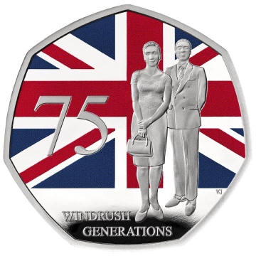 75 de ani ai generației Windrush 50p colorată Argint 2023 Proof