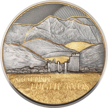 Monedă din Argint aurită Golden Landscapes - Scottish Highlands 2 oz 2026 Antiqued Ultra High Relief
