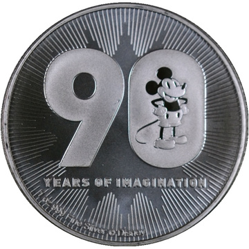 Monedă de argint Niue Mickey Mouse 90 Years of Imagination 1 uncie de argint 2018