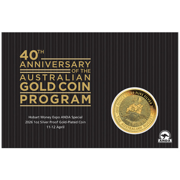 Perth Mint 40th Anniversary of the Australian Nugget Hobart Money Expo gilded 1 oz Silver 2026 in card